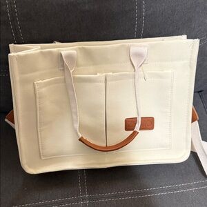 Canvas Tote Bag with Front Pockets - Cream and Tan Accent